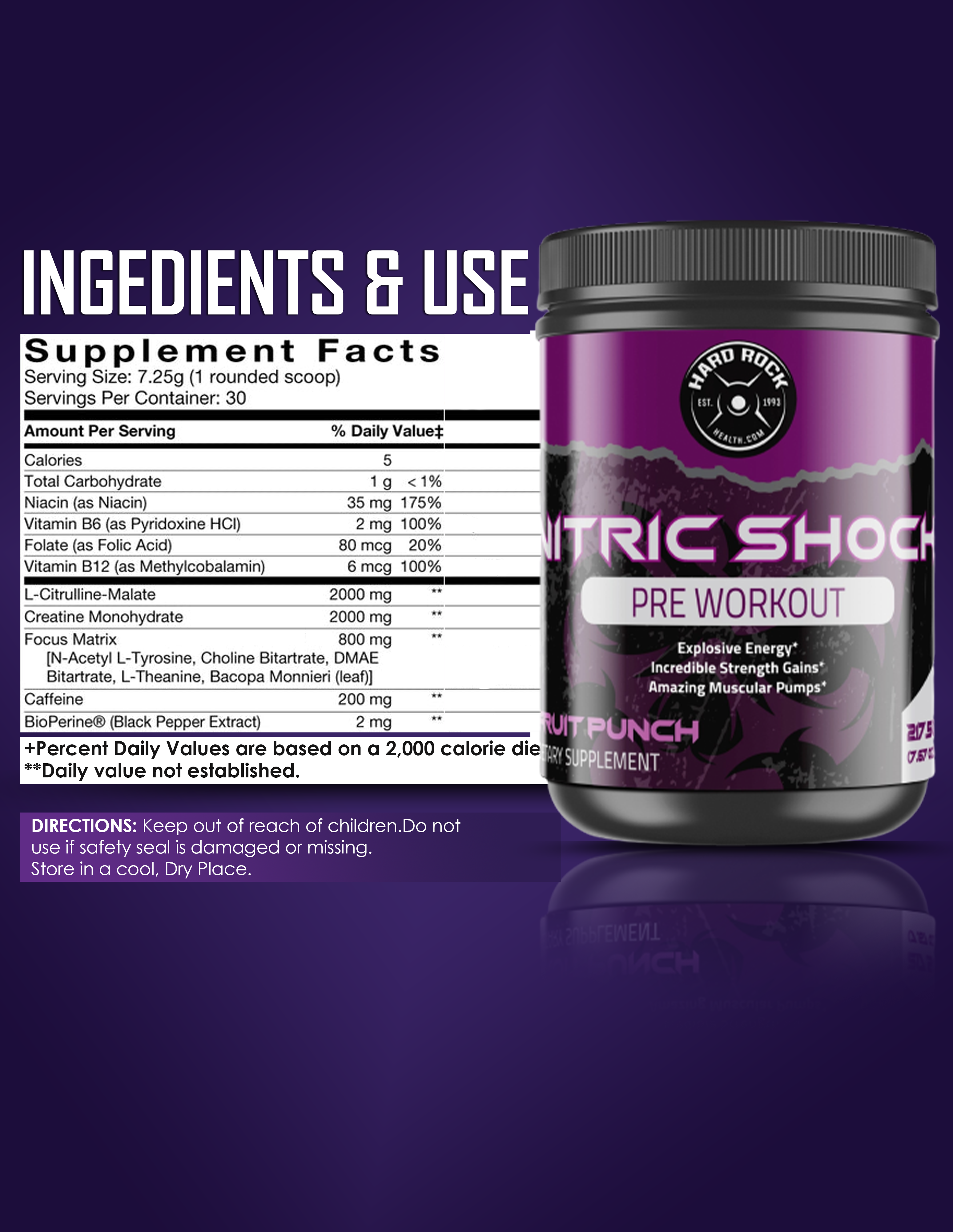 Nitric Shock Pre Workout- Fruit Punch Flavor - Primal Health & Beauty