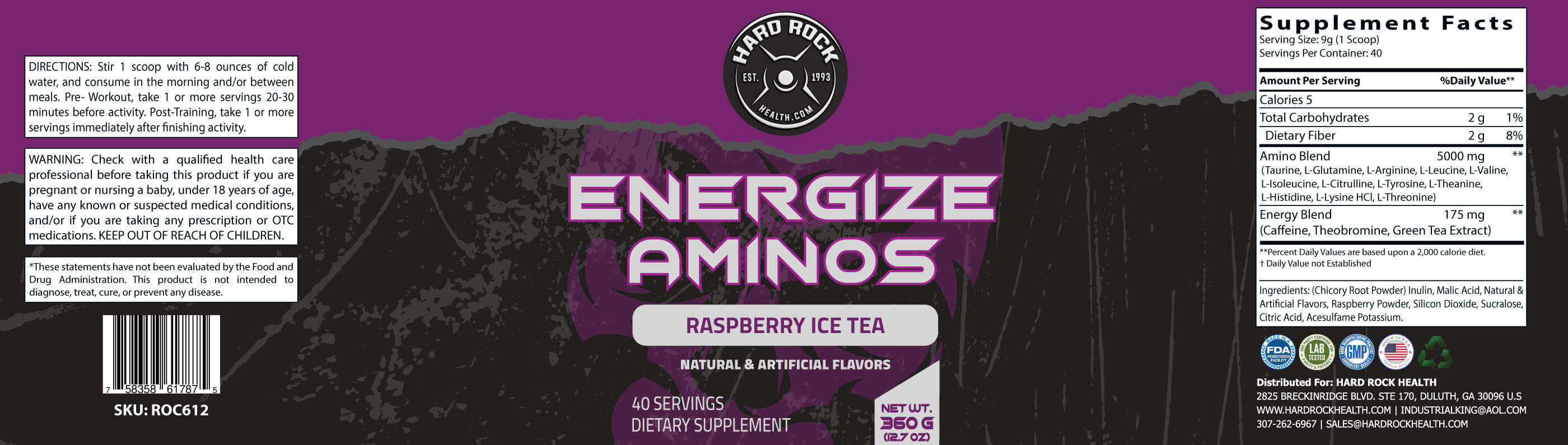 Hard Rock Health Energized Aminos Raspberry Iced - Primal Health & Beauty