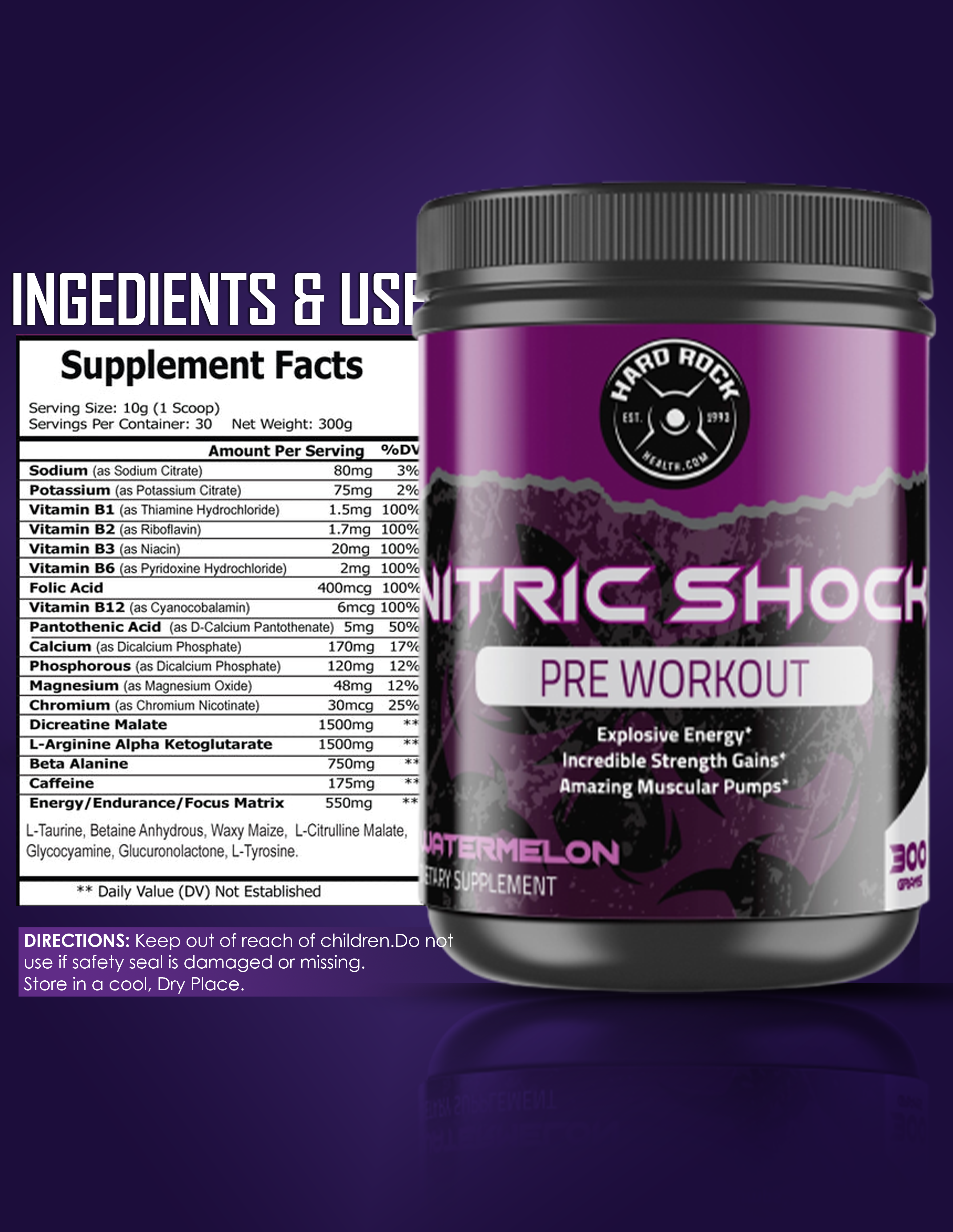 Hard Rock Health® Nitric Shock Pre-Workout Watermelon - Primal Health & Beauty